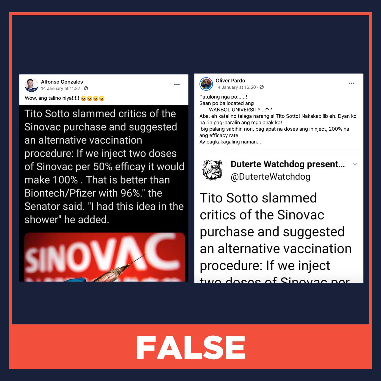 FALSE: Sotto says two doses of Sinovac results in 100% efficacy