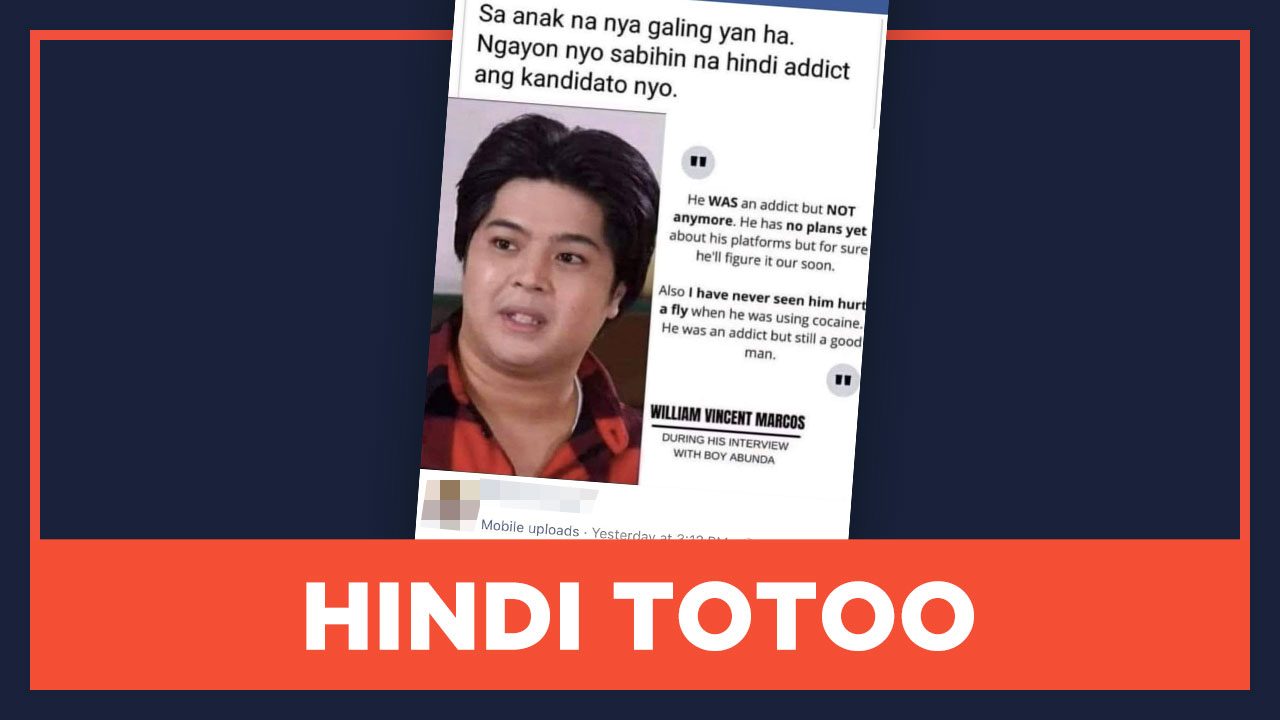 HINDI TOTOO: Sinabi ng anak na dating drug addict si Marcos Jr.