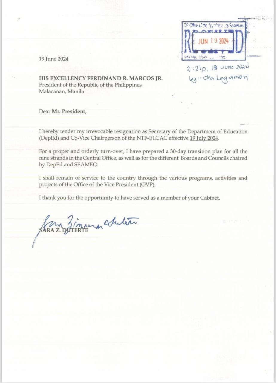 Sara Duterte's resignation letter as DepEd secretary and NTF-ELCAC vice chairperson