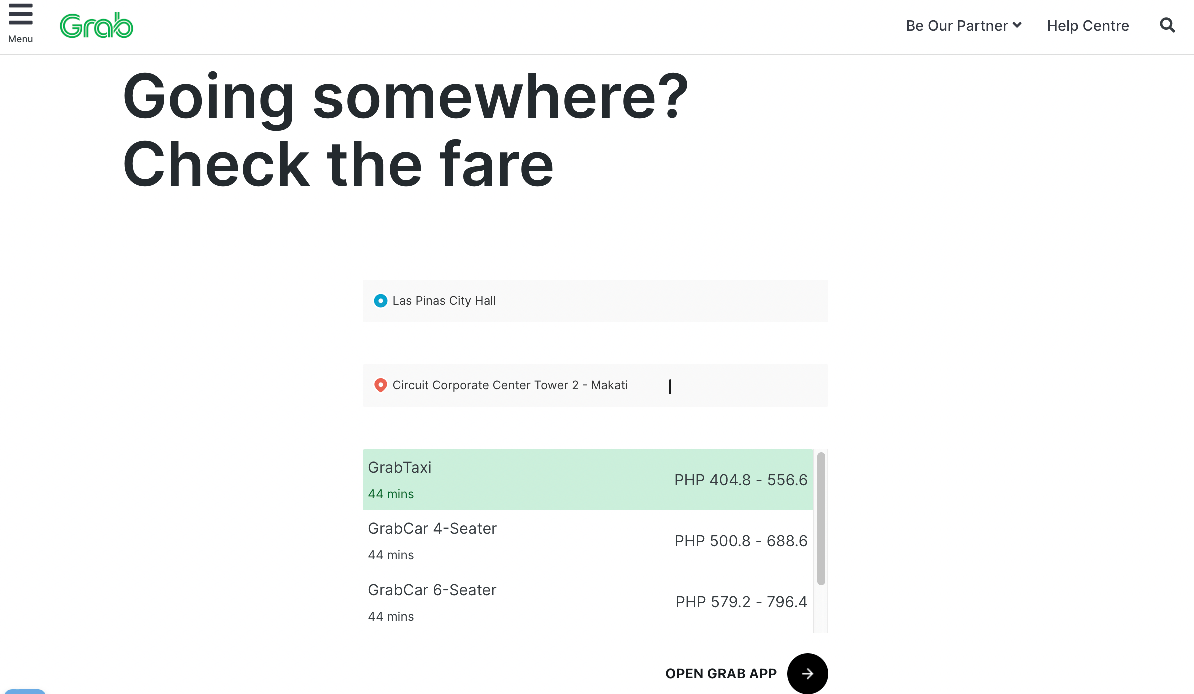 Screenshot of Grab fare check