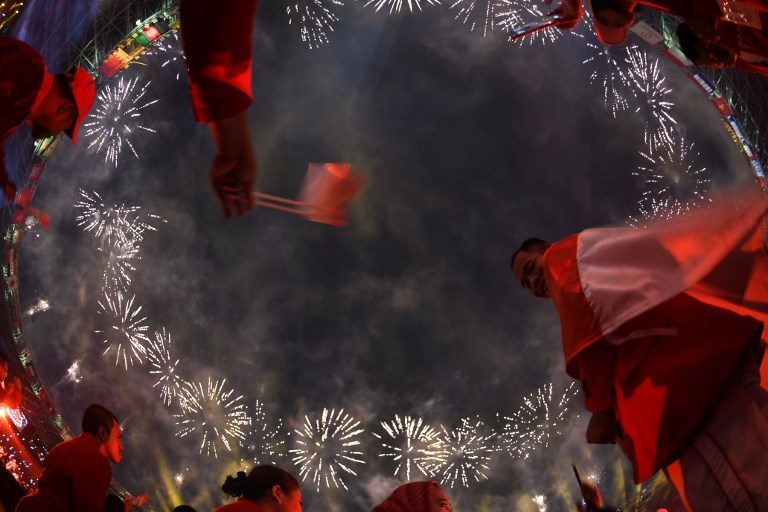 LET THE GAMES BEGIN. A fireworks display over the Gelora Bung Karno main stadium during the opening ceremony of the 2018 Asian Games in Jakarta on August 18, 2018. Photo by Jewel Samad/AFP   