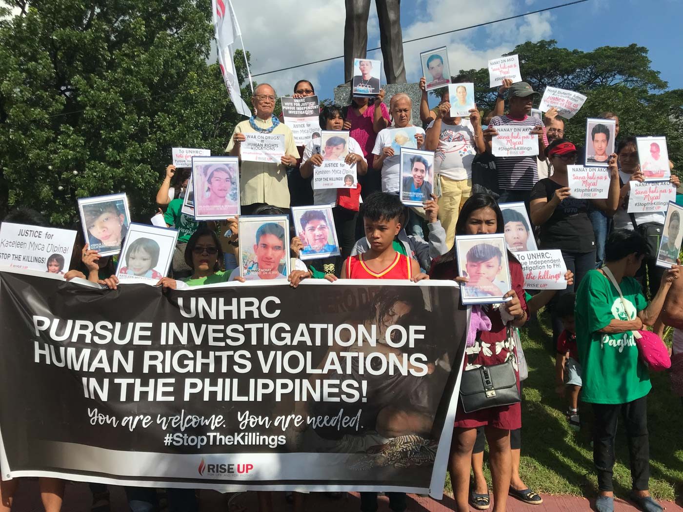 JUSTICE. Families of victims of extrajudicial killings call on the United Nations Human Rights Council to pursue an investigation into the rising drug war deaths in the Philippines. Photo by Micah Guiao/Rappler