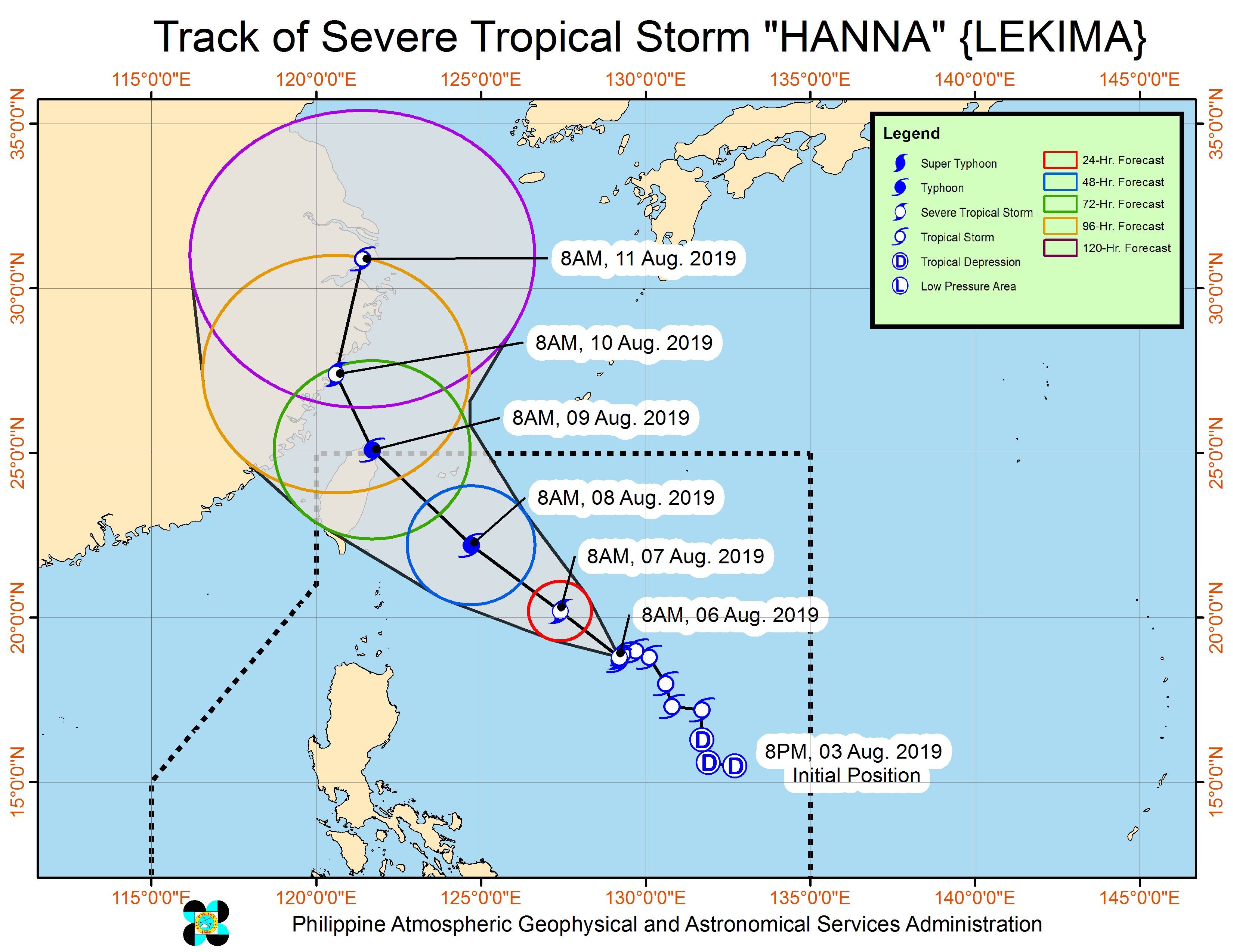 Forecast track of Severe Tropical Storm Hanna (Lekima) as of August 6, 2019, 11 am. Image from PAGASA  