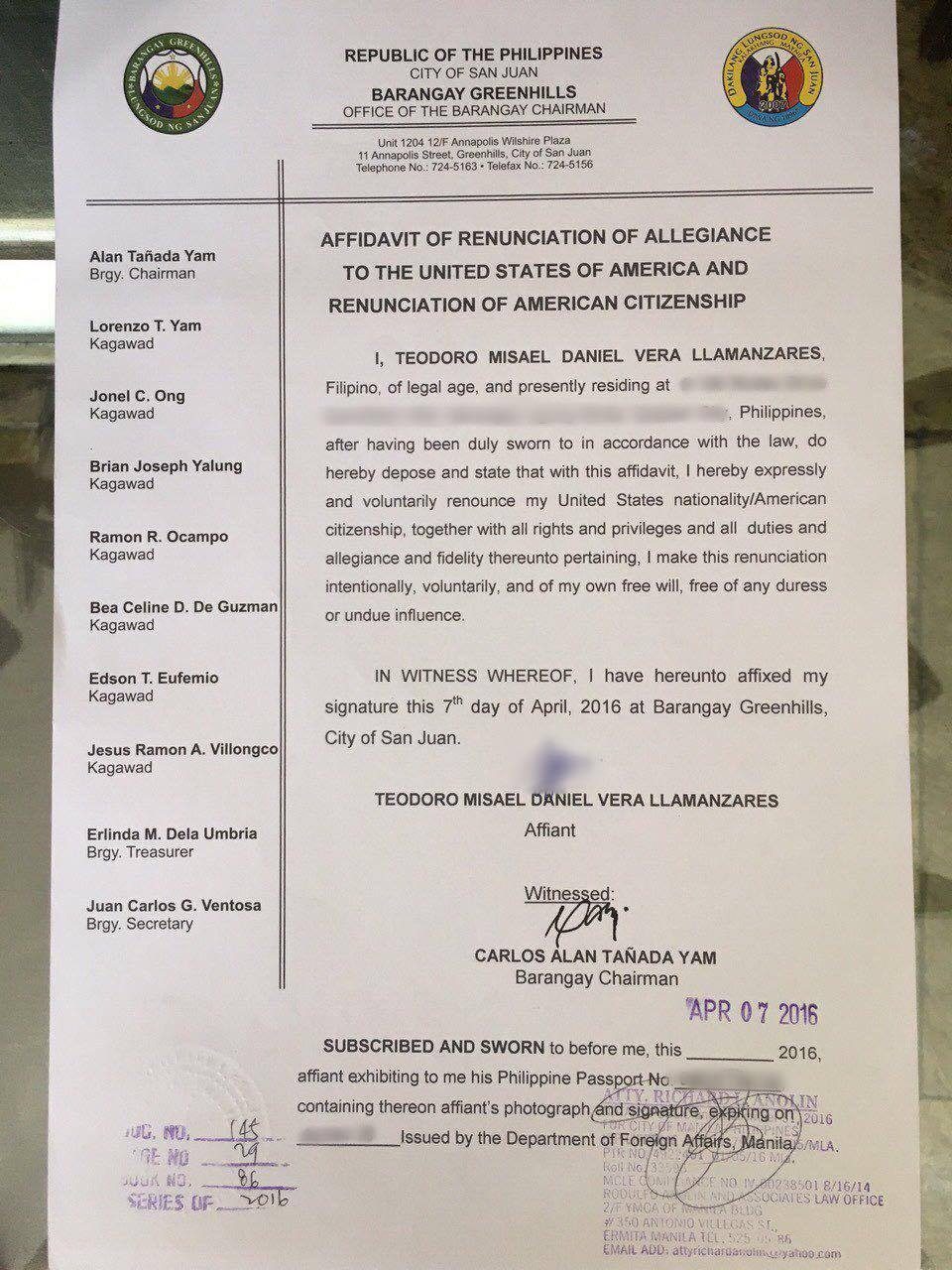 RENUNCIATION OF US CITIZENSHIP. Neil Llamanzares formally renounces his US citizenship before a barangay chairman and notary public. 