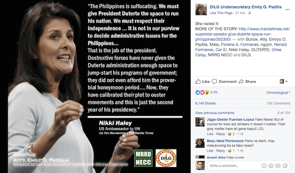 The official Facebook page of DILG Usec Emily Padilla emphasized the fake quote in a viral post. 