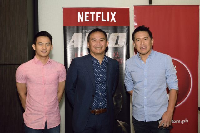 NETFLIX PARTNERSHIP. Amo is going to be the first Philippine-produced series on Netflix. In photo: (L-R) Newcomer Vince Rillon, TV5 chief Chot Reyes and Amo director Brillante Mendoza. Photo from TV5  