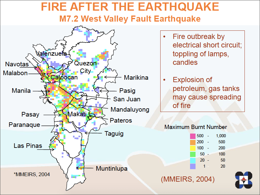 FIRE BREAKOUT. According to the MMEIRS, a magnitude 7.2 earthquake may cause fire breakouts in different parts of Metro Manila. Photo from Phivolcs 