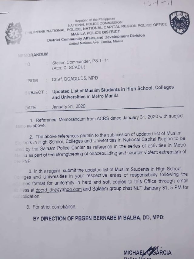 LEAKED. The memorandum outlining orders for cops to update their list of names of Muslim students in Metro Manila. Photo from ACT 