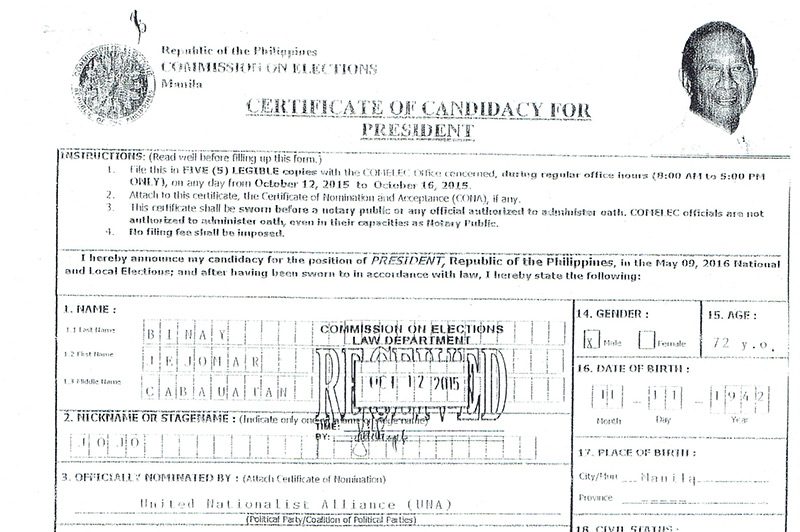 A part of Binay's certificate of candidacy. 