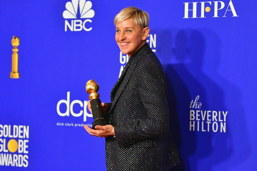 AWARDS SEASON. TV host Ellen DeGeneres after receiving the Carol Burnett award during the 77th annual Golden Globe Awards on January 5, 2020, at The Beverly Hilton hotel in Beverly Hills, California. Photo by AFP  