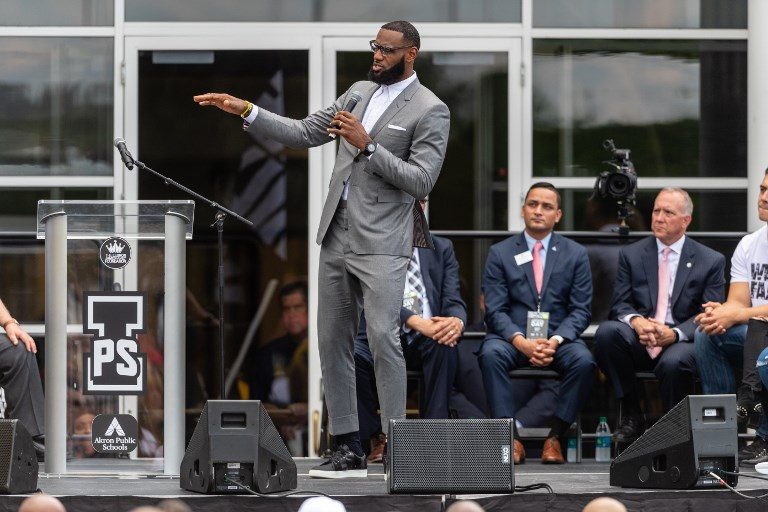BEACON OF HOPE. LeBron James addresses the crowd during the opening ceremonies of the I Promise School. Photo by Jason Miller/Getty Images/AFP 