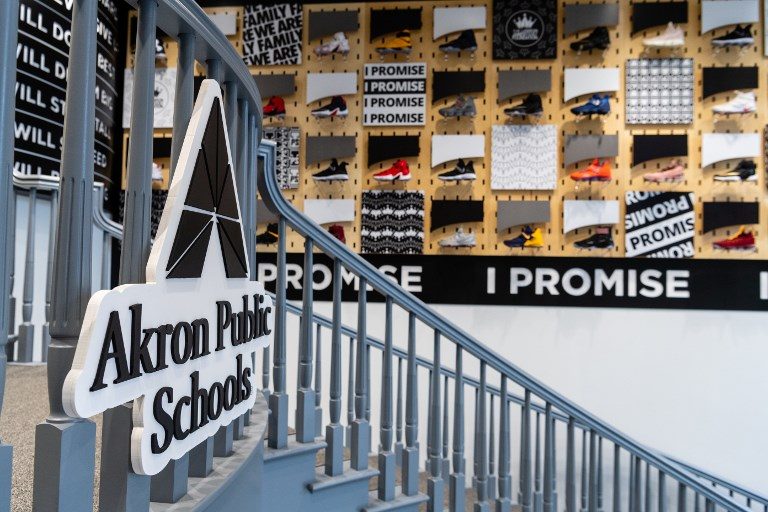 114 PAIRS A collection of LeBron James shoes decorate the entrance to the I Promise School on July 30, 2018 in Akron, Ohio. Photo byJason Miller/Getty Images/AFP 