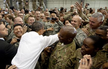 OBAMA AT BAGRAM. US President Barack Obama greets U.S. troops at Bagram Air Field after a surprise visit to Afghanistan, May 1, 2012. Official White House Photo by Pete Souza.